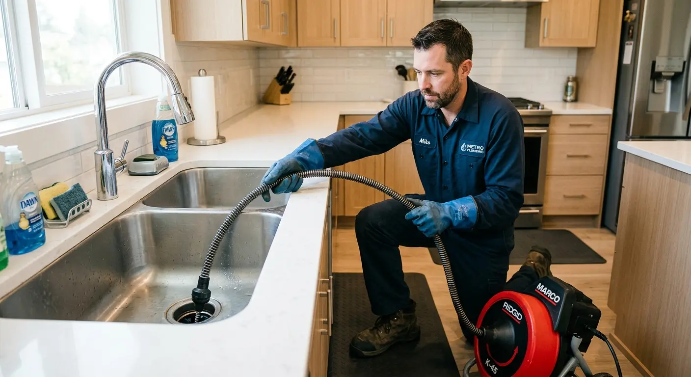 Drain cleaning technician using a motorized snake on a kitchen sink in Mascoutah