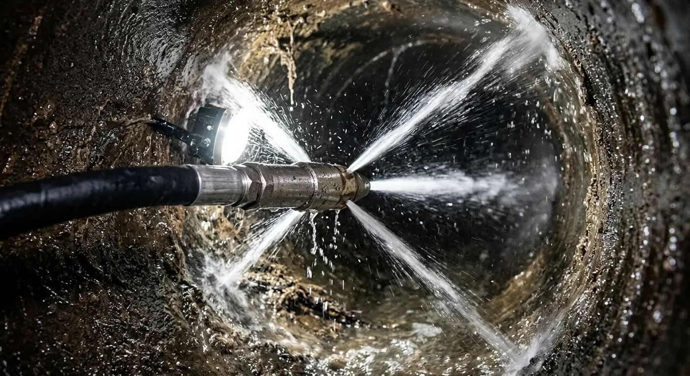 High-pressure hydro jetting nozzle cleaning sewer pipe for Storm Drain Cleaning in Mascoutah