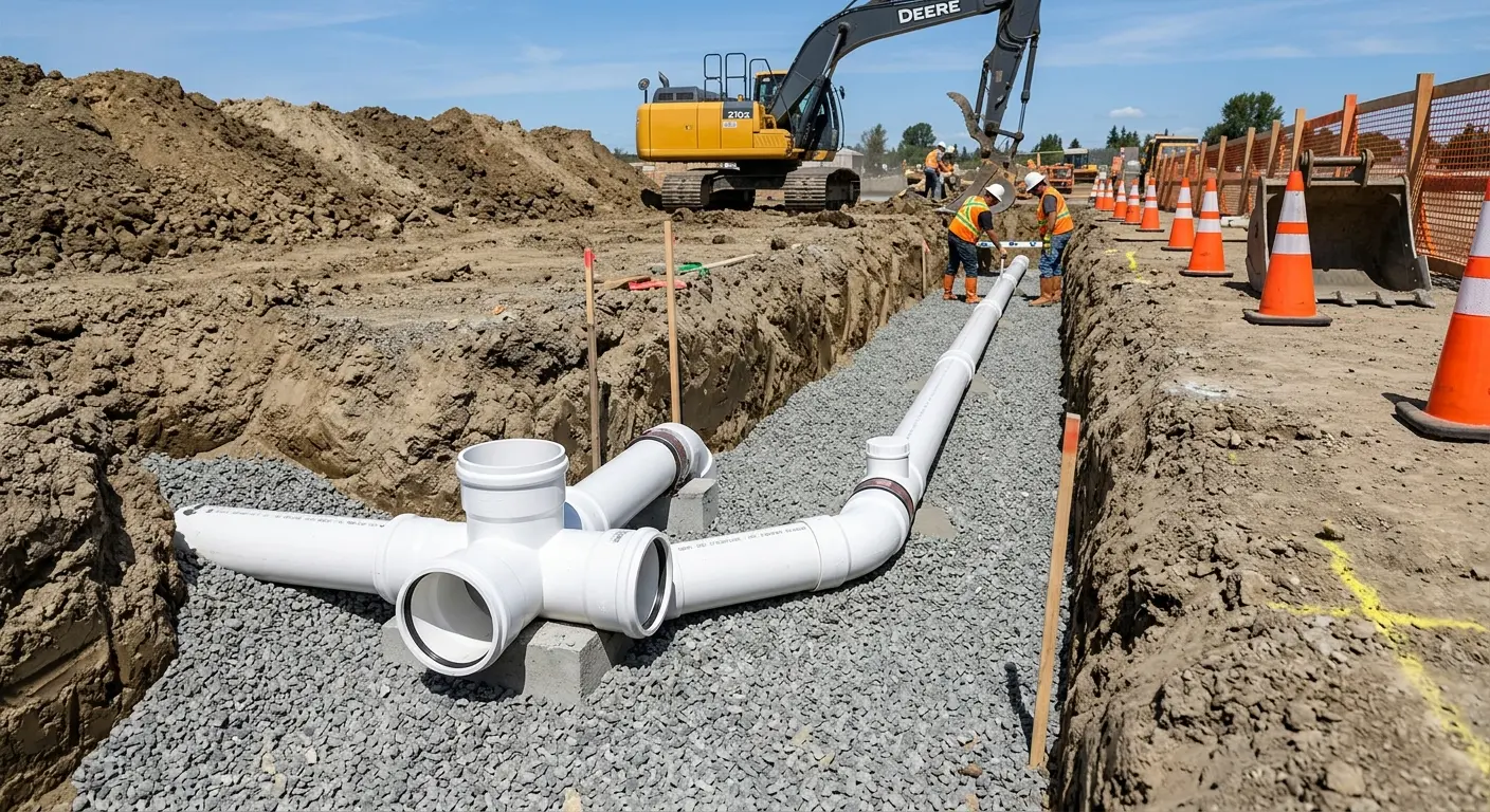 New PVC sewer pipe installation in open trench for Grease Trap Cleaning in Mascoutah